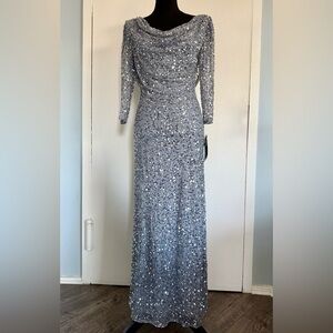 Pisarro Nights Silver/Sky Blue Long Sleeve Sequin Dress